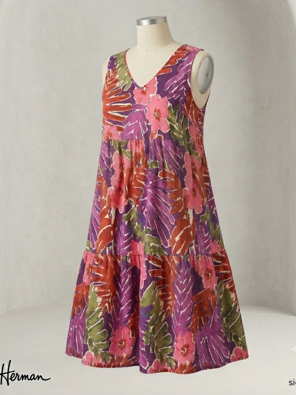 Stan Herman Pink Purple Floral Sleeveless Tiered Dress Cotton Sundress Women’s M